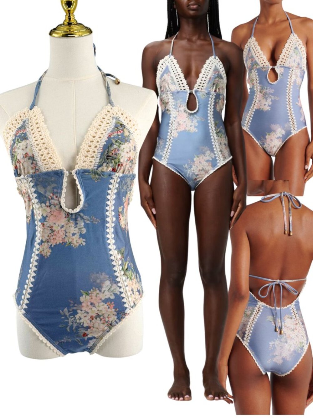 🆕 ZIMMERMANN 🧿 NWT Cascadian Crochet Keyhole Cutout Swimsuit, Blue - Sz 3 US10 - Picture 1 of 14